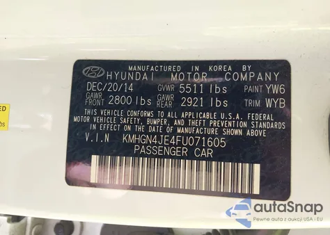 2015 Hyundai Genesis 3.8 z USA, uszkodzony, nr VIN KMHGN4JE4FU071605